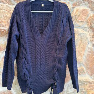 Elan Cable Knit Lace Up Detail Long Sleeve Sweater Elan